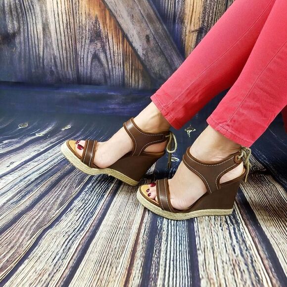 New DSQUARED2 US 8 Women Shoes Brown Leather Back Lace Platform Wedge Sandals - Picture 1 of 12